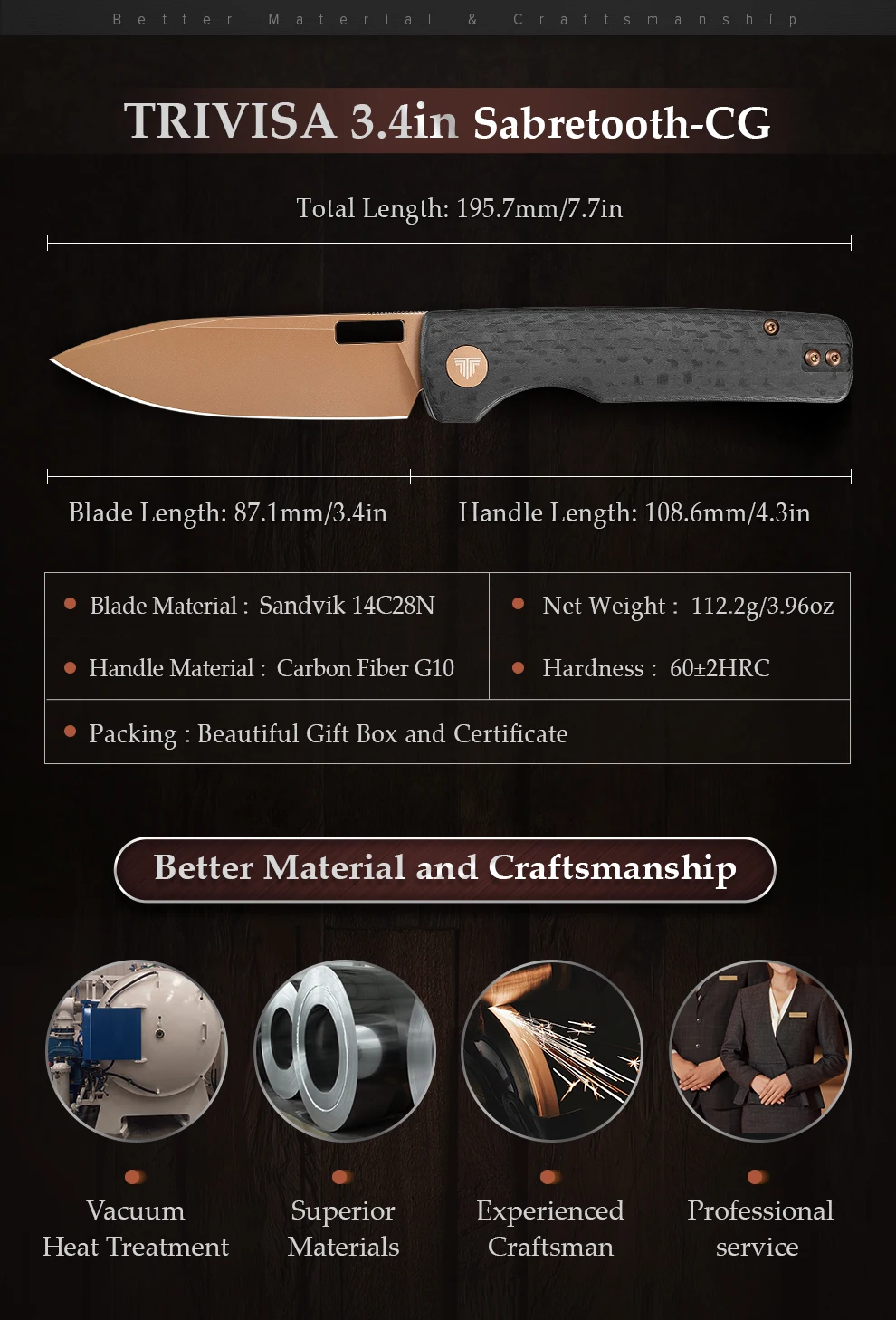 Vista lateral del mango G10 del cuchillo Sabretooth