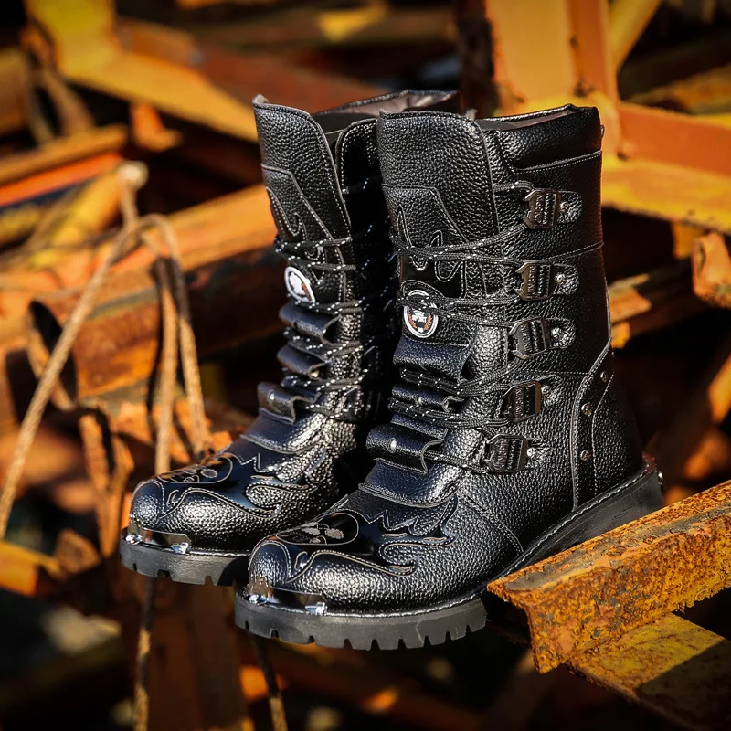 Botas de invierno cuero media caña biker negras calavera térmicas - imagen 5