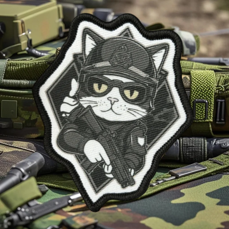 Detalle del parche con emblema de gato táctico