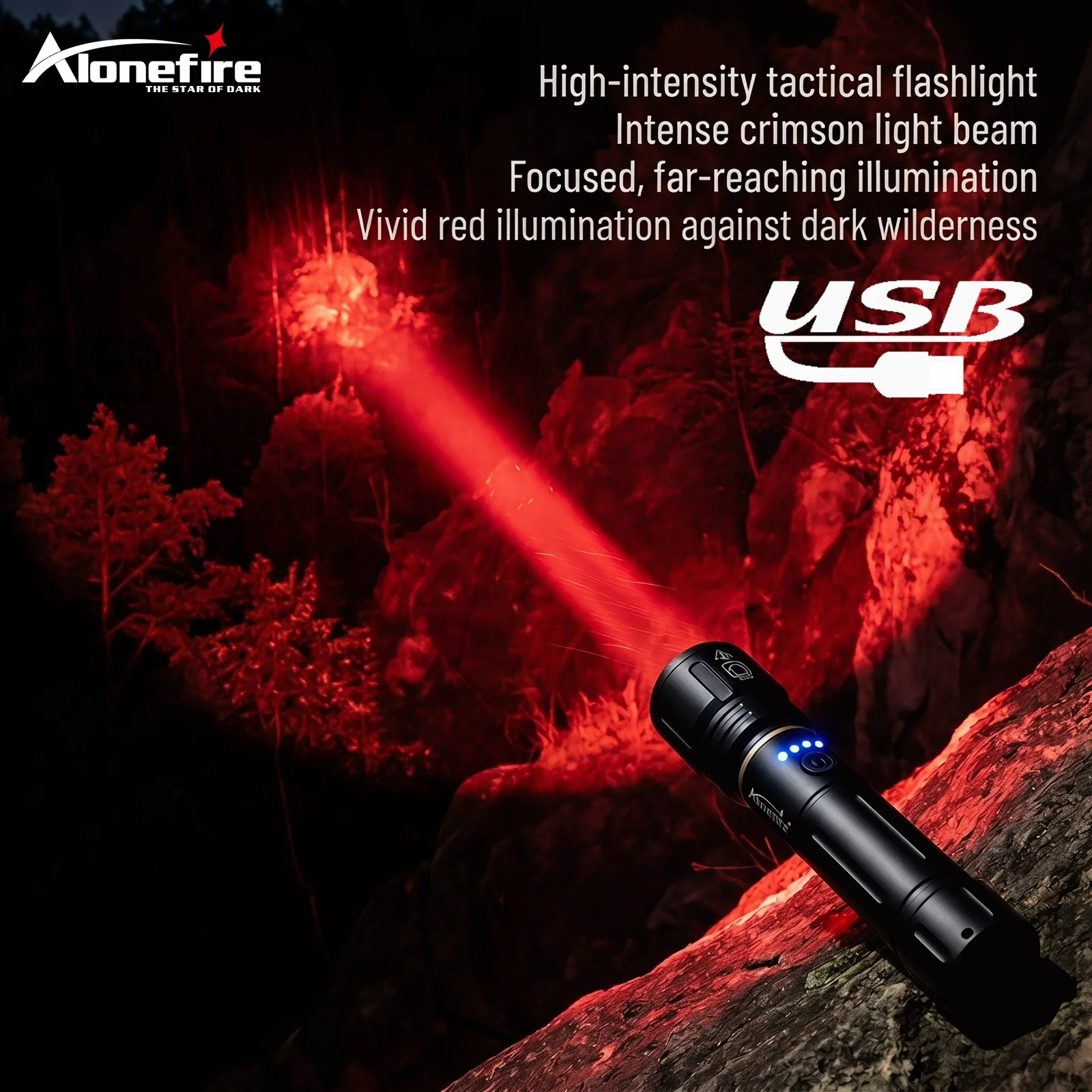 Linterna LED roja Alonefire Zoom USB recargable de aluminio