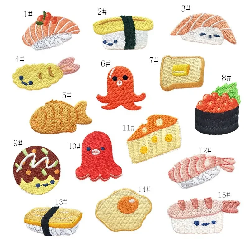 Parche bordado con motivo de sushi y apliques temáticos