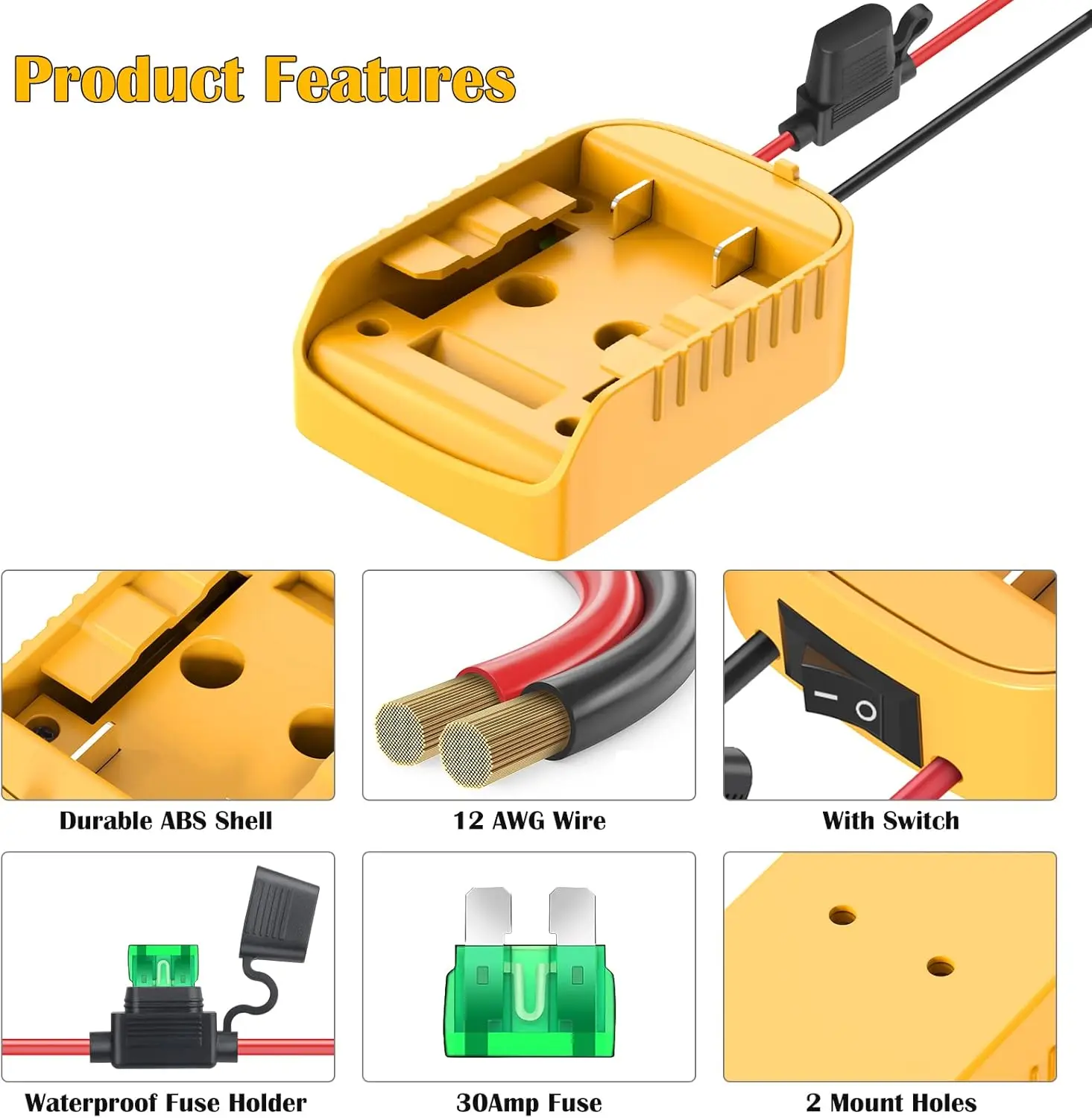 Adaptador Dewalt 20V a Power Wheels con interruptor y fusible