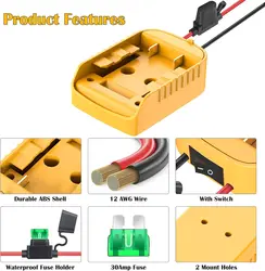 Adaptador Dewalt 20V a Power Wheels con interruptor y fusible