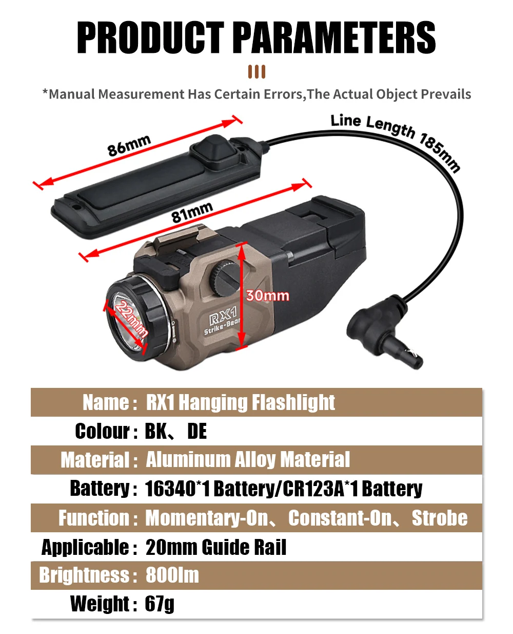 Linterna táctica WADSN RX1 con luz LED