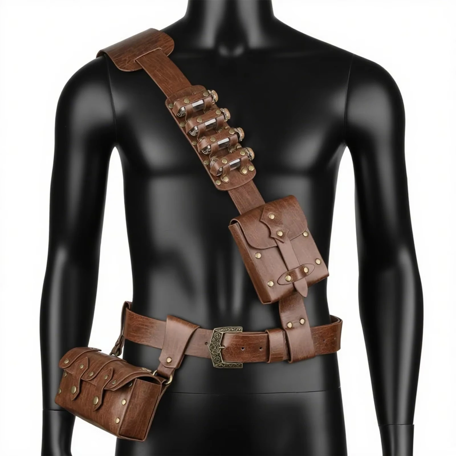 Cinturón táctico de cuero medieval con riñonera retro y bolsillos - imagen 3
