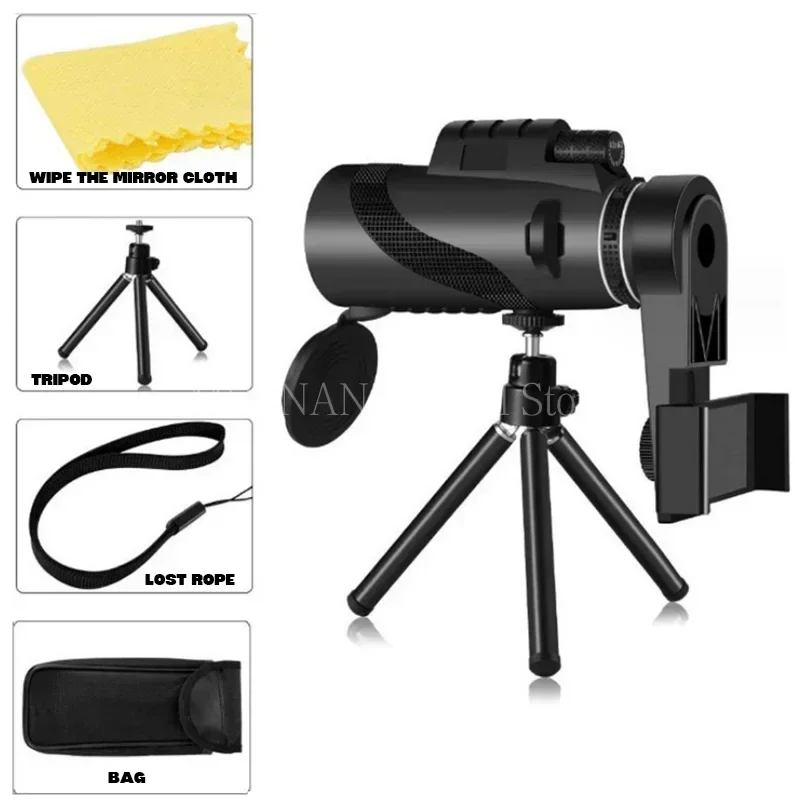 Telescopio monocular HD con prisma Bak4, largo alcance y trípode