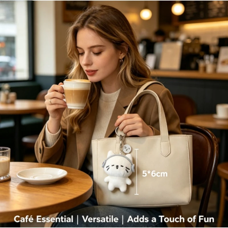 llavero de peluche gato con auriculares para mochila y bolso