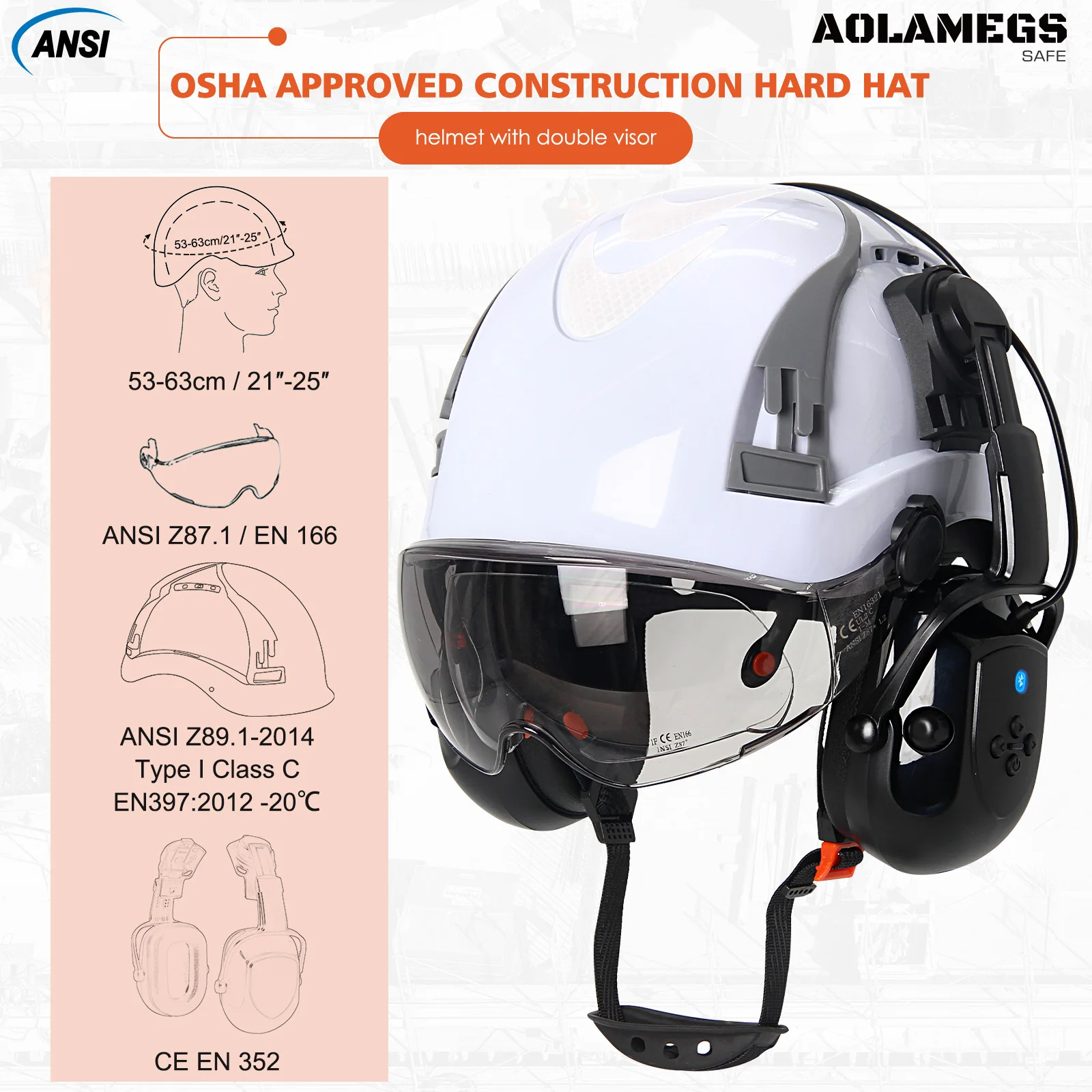 Casco de seguridad industrial ABS con Bluetooth y gafas dobles - imagen 2