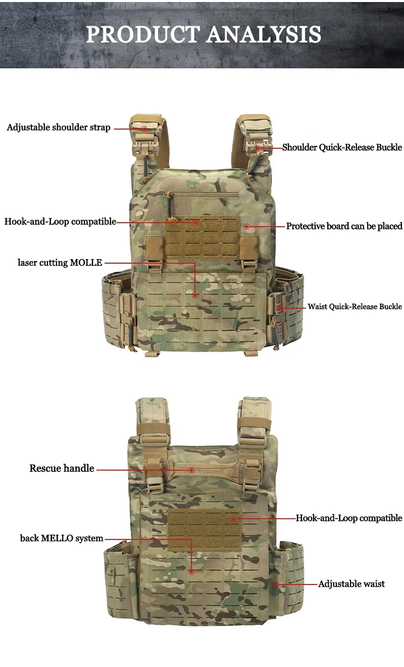 Chaleco táctico con diseño MOLLE y camuflaje