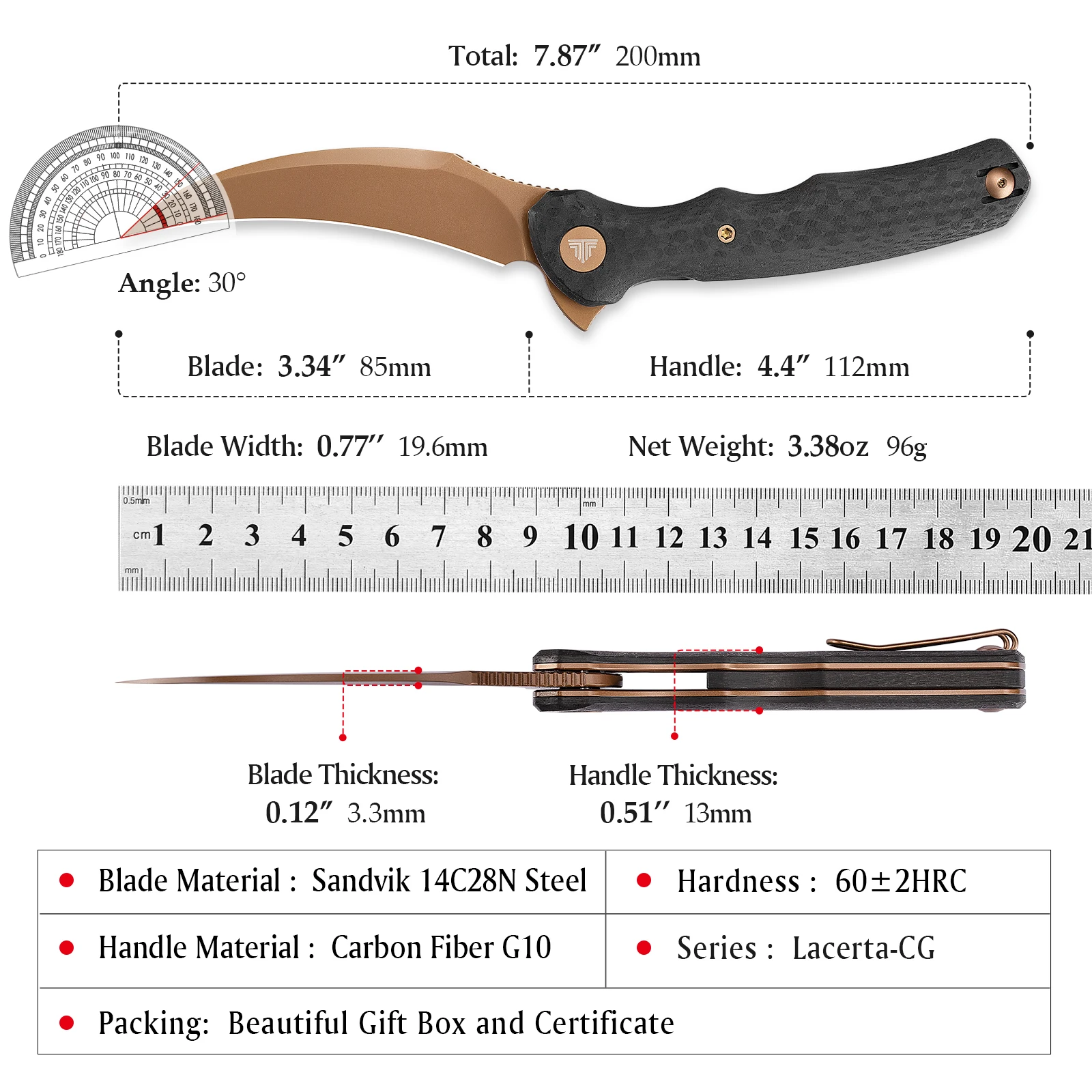 Lacerta TRIVISA cuchillo plegable EDC con mango G10 – camping - imagen 5