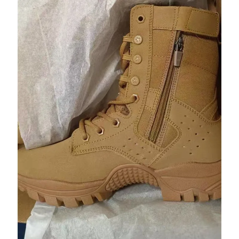 Botas tácticas de combate cuero marrón transpirable con cierre lateral - imagen 4