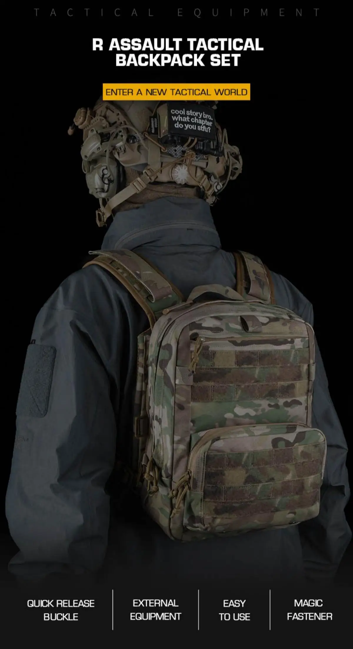 Mochila táctica modular R-Assault vista frontal con sistema MOLLE