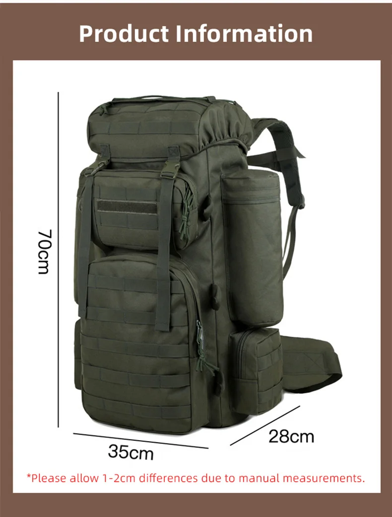Mochila táctica verde de gran capacidad vista lateral