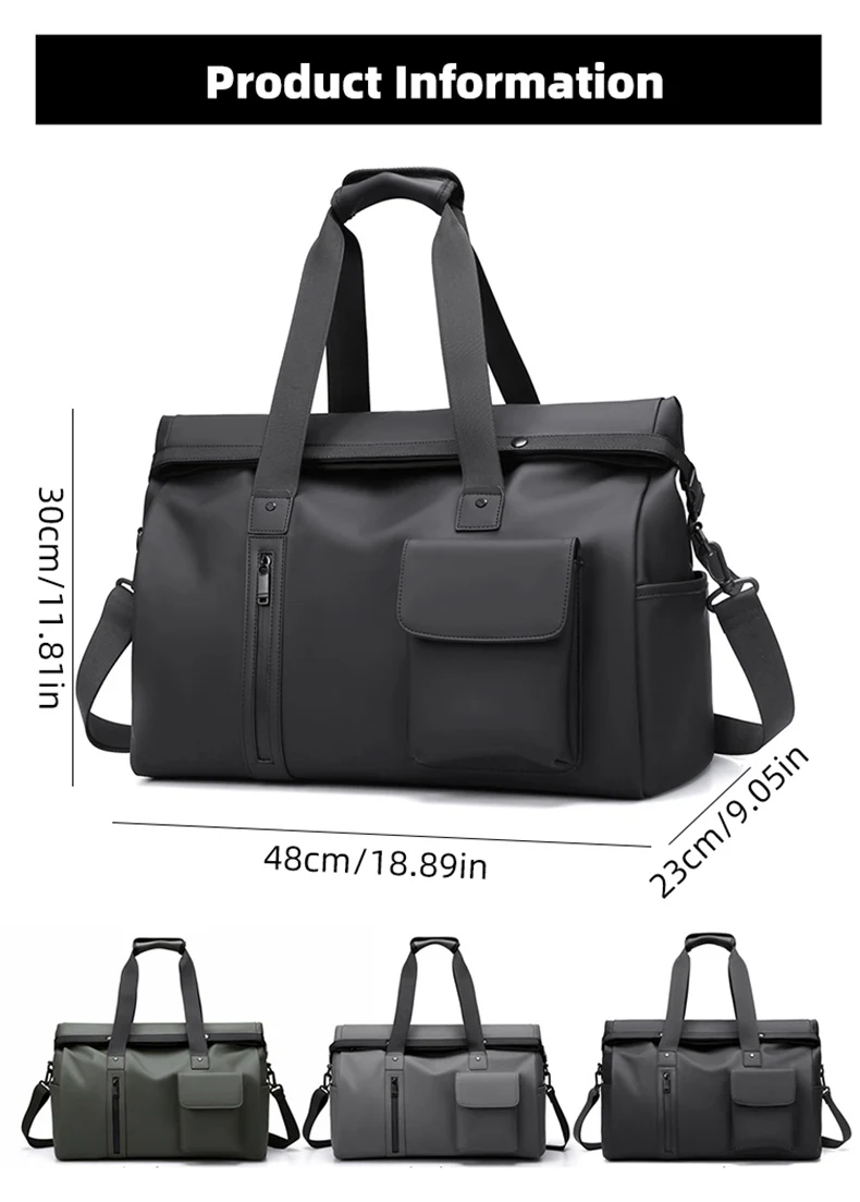 Vista frontal de la bolsa Scione en color negro mostrando el compartimento principal y bolsillos laterales