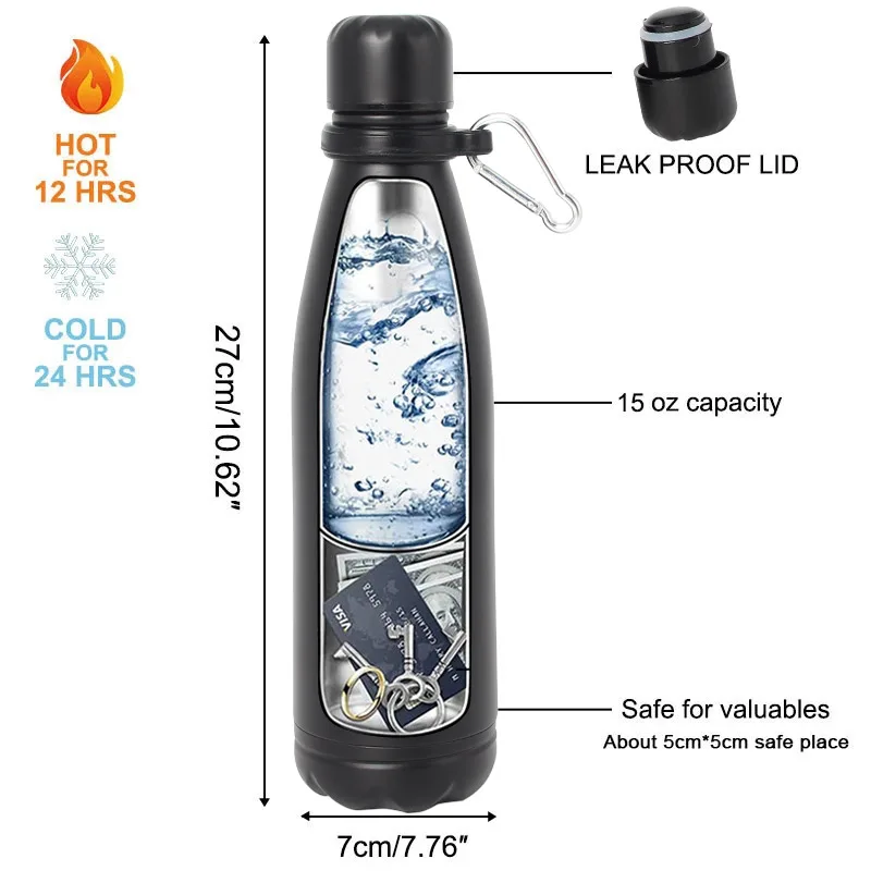 Botella táctica de agua con compartimento oculto acero para llaves tarjetas y efectivo - imagen 2