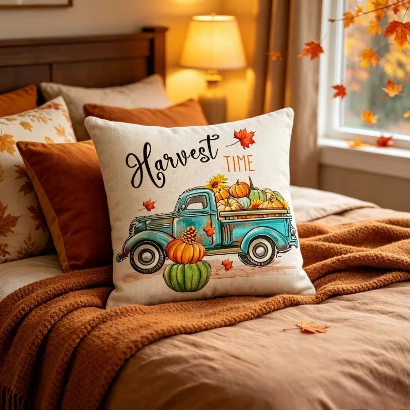 Funda de almohada de lino estampado calabaza y duendes
