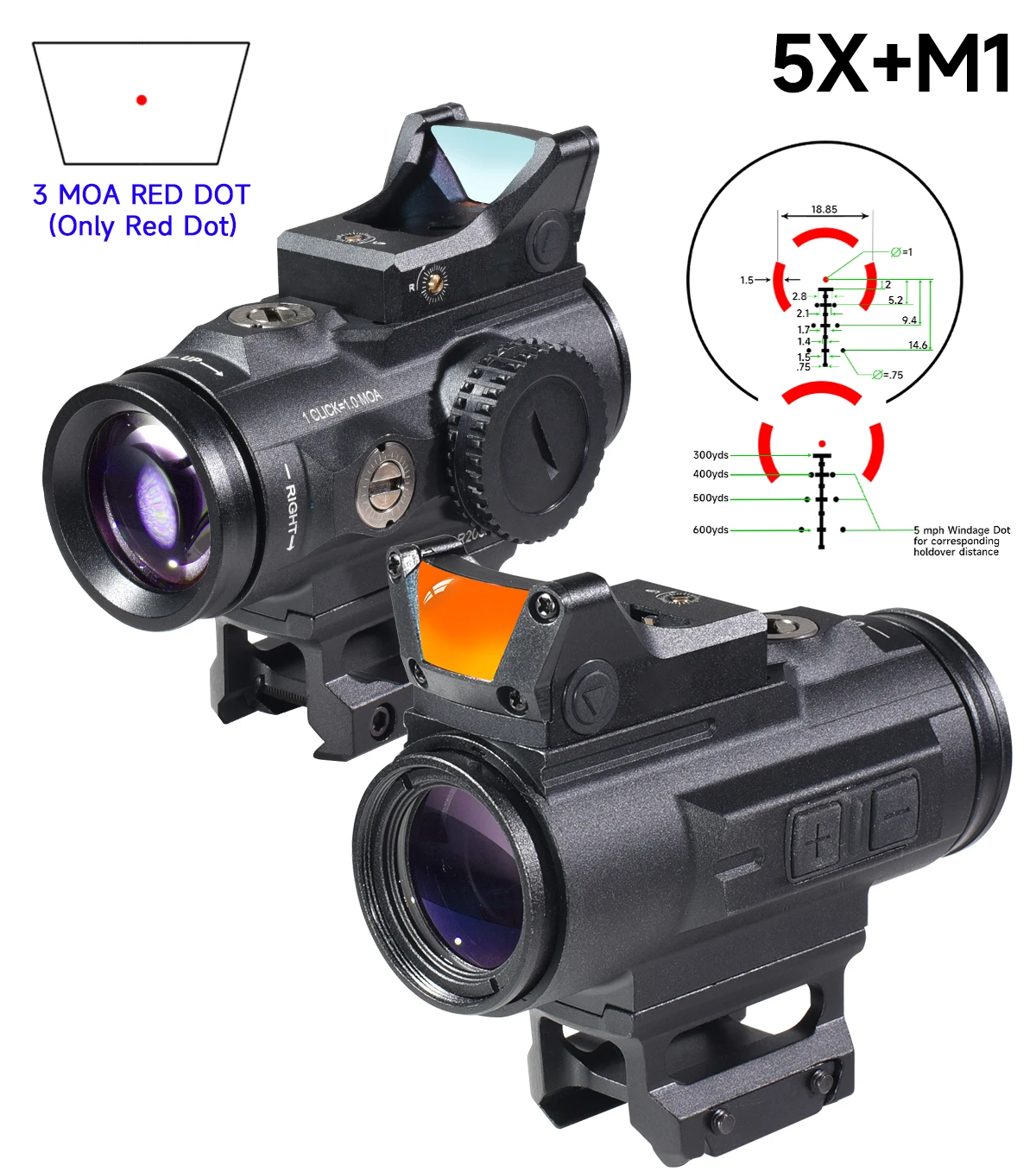 Mira telescópica táctica 5x con retícula BDC4 y punto rojo reflex