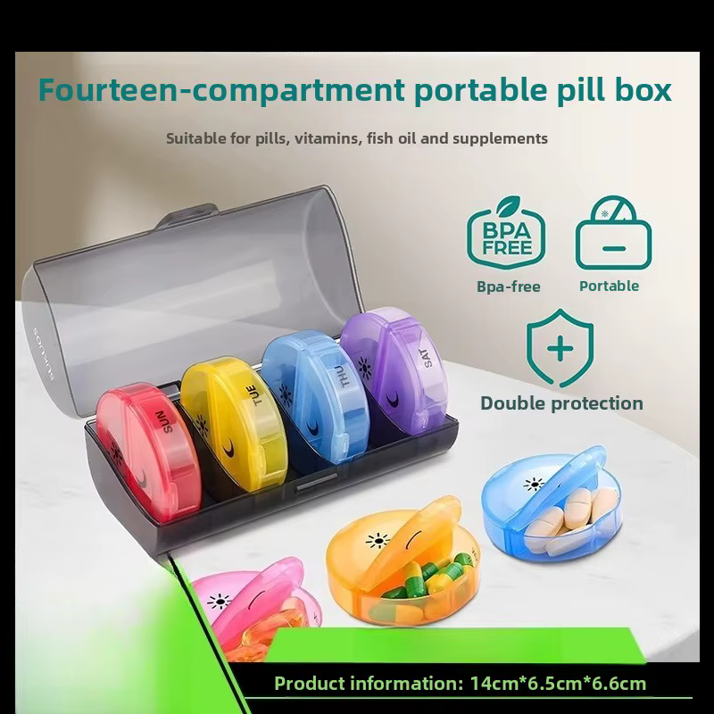 Caja de medicamentos con rejilla de 14 compartimentos, vista general