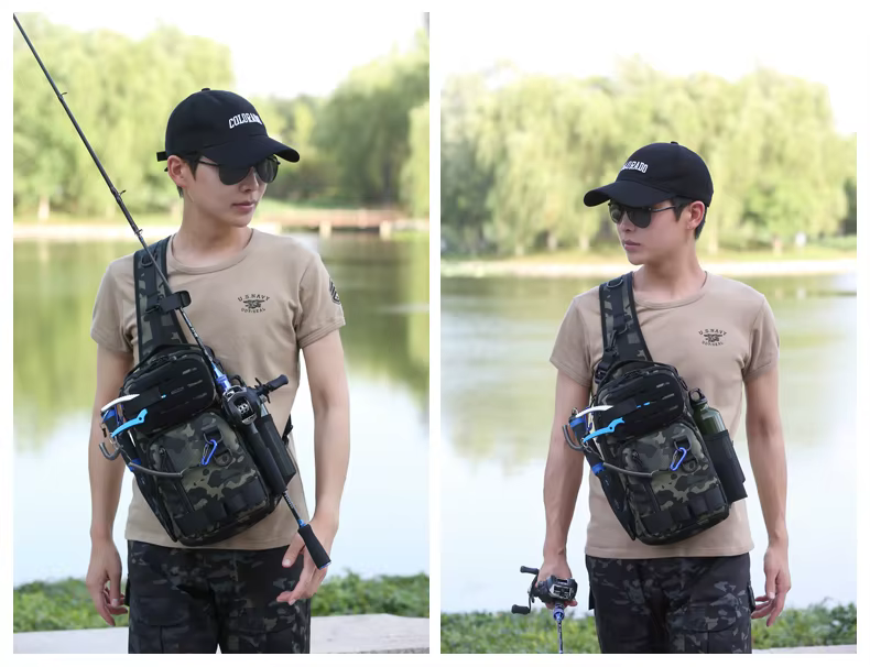Bolsa táctica Molle para pesca en uso