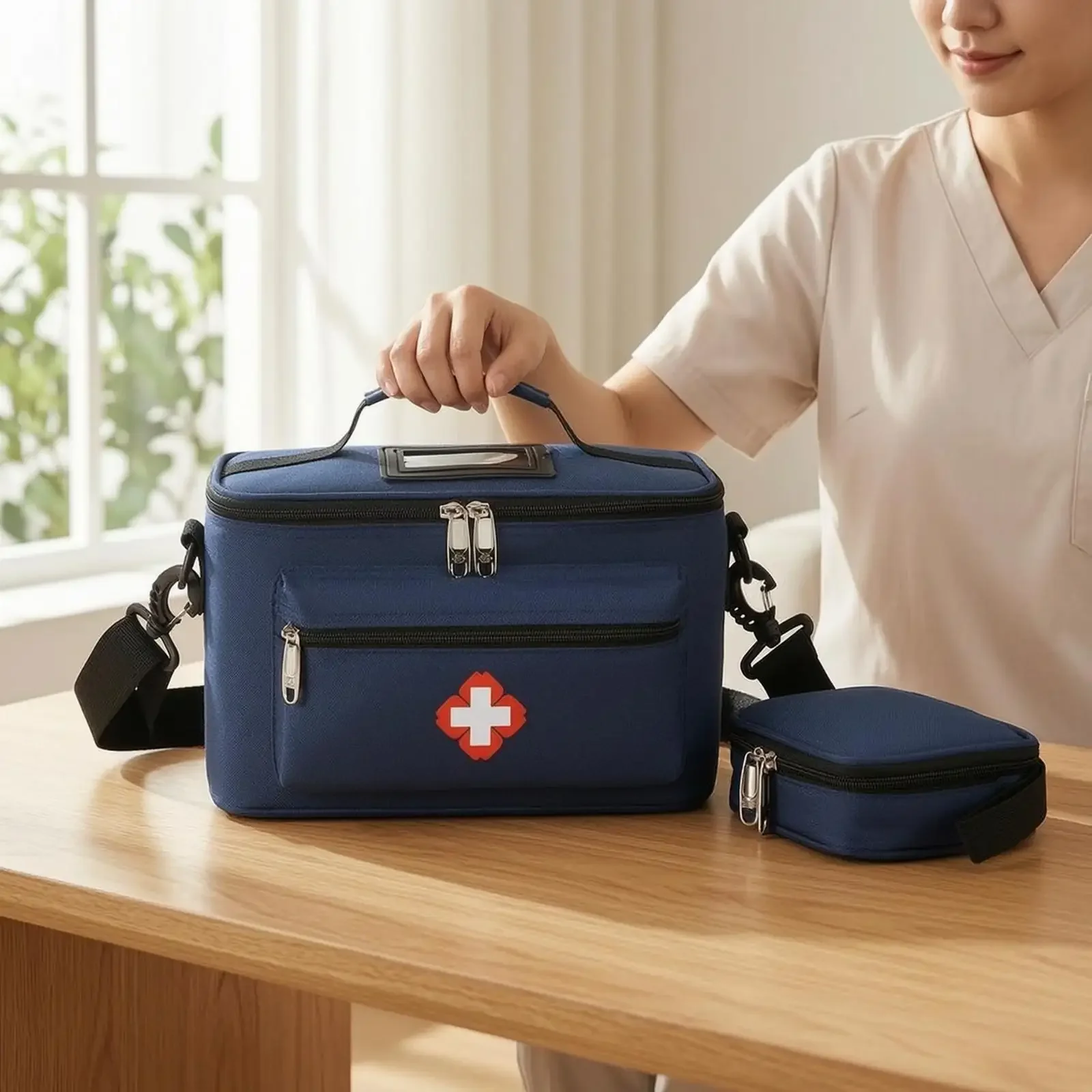 Interior organizado de la bolsa médica con separadores y bolsillos