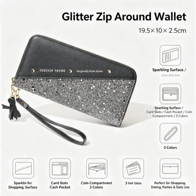Cartera larga con cremallera para mujer – contraste y borlas
