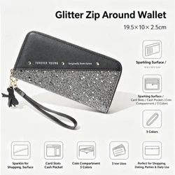 Cartera larga con cremallera para mujer – contraste y borlas