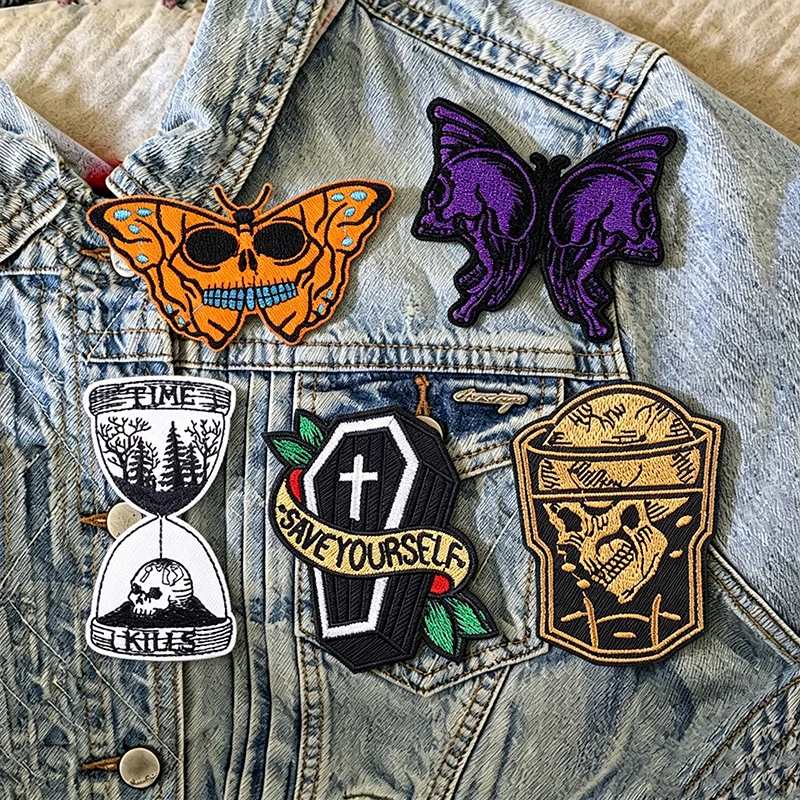 Parche termoadhesivo calavera y mariposa punk rock para ropa táctica