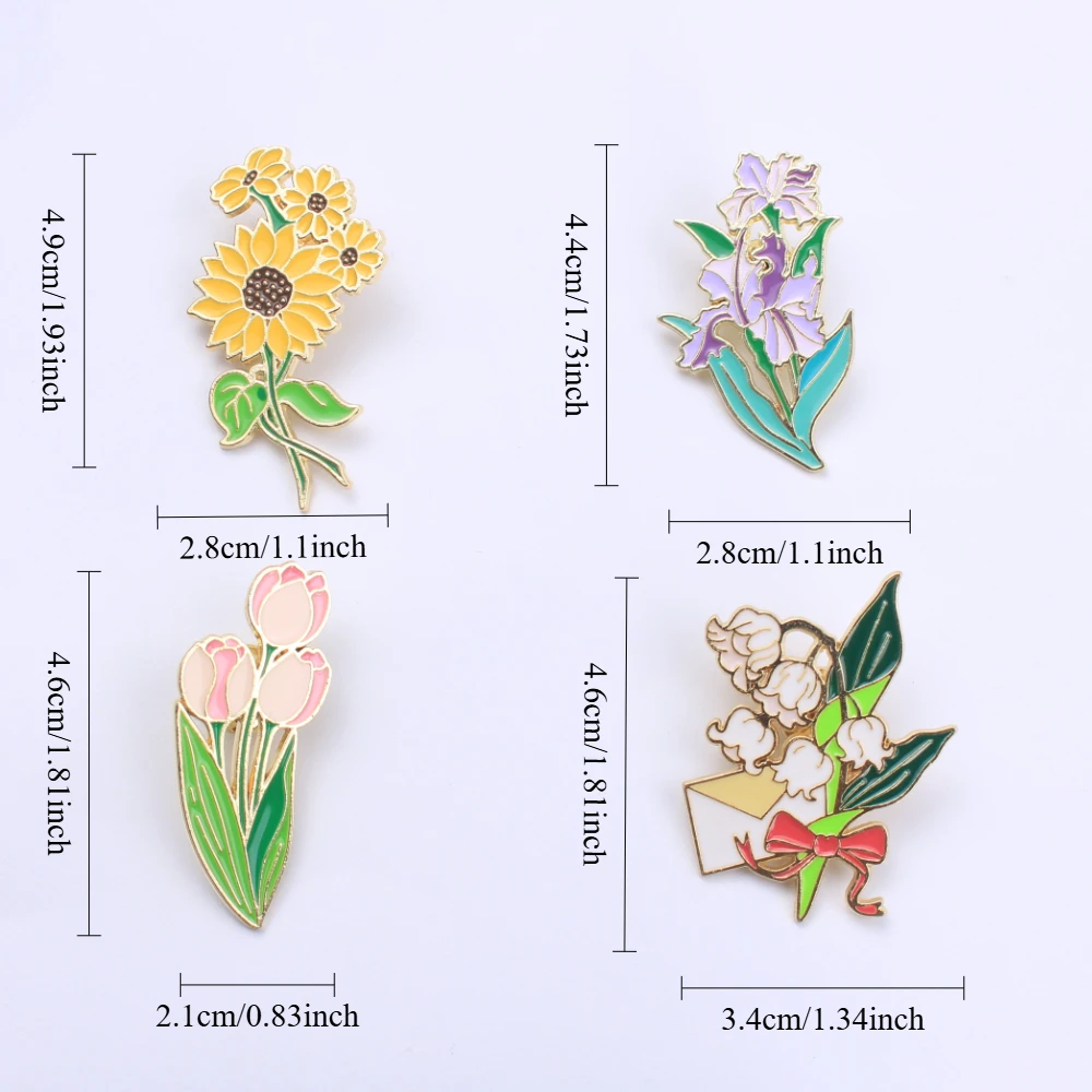 Conjunto de broches metálicos decorativos con flores y plantas