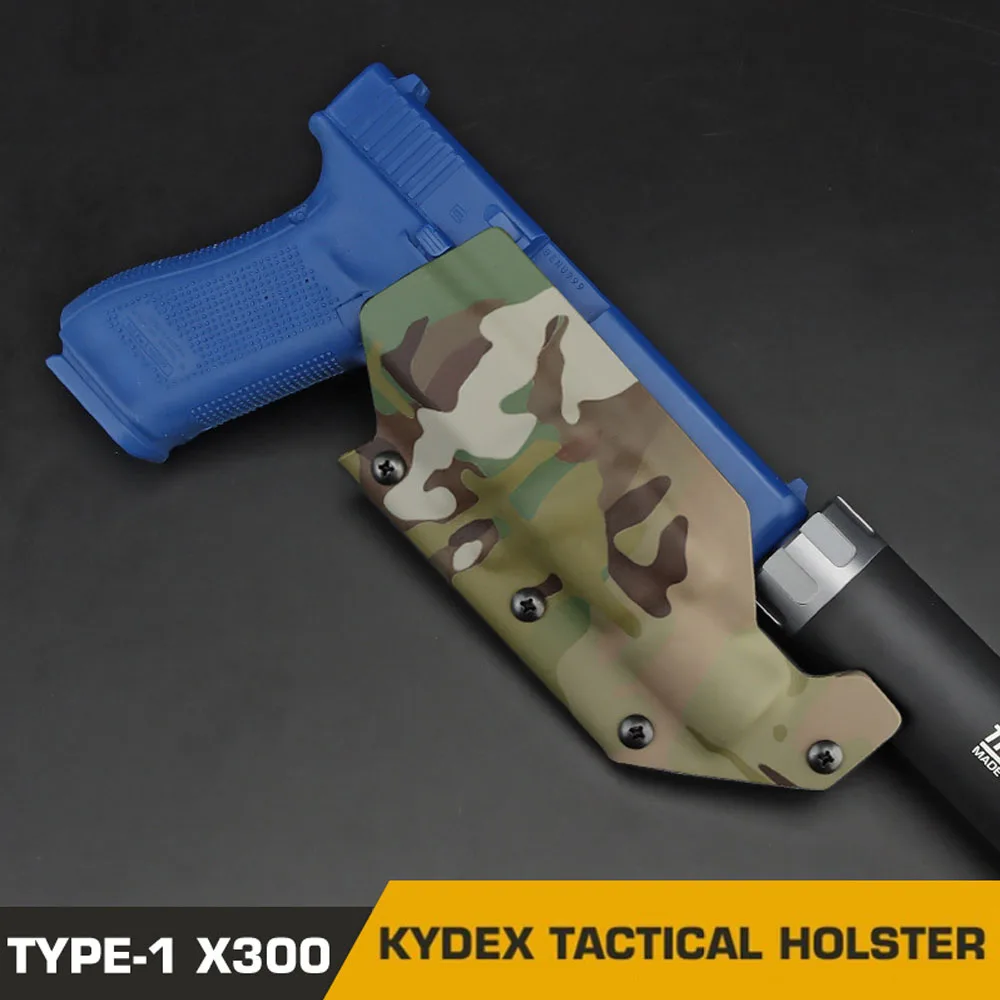 Vista frontal de la funda Kydex negra ajustada a un Glock 19