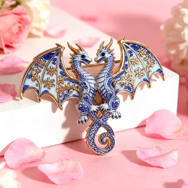 Broche porcelana azul marino con pin de solapa estilo vintage dragón - imagen 3