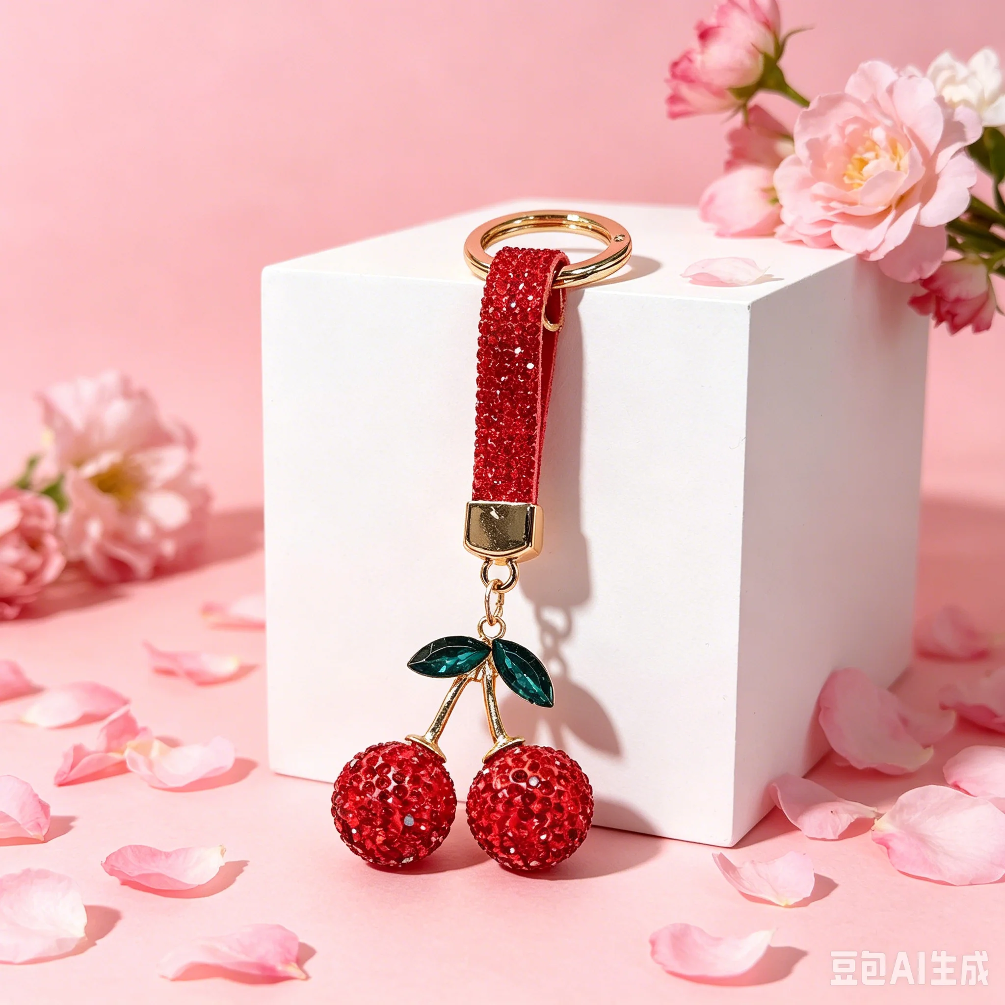 Llavero de cuero cereza con colgante de cristal rojo brillante - imagen 3