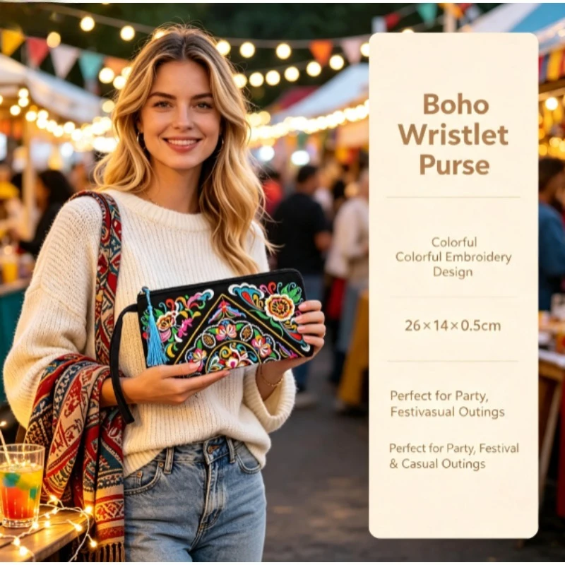Cartera de mano bordada étnica con gran capacidad y cierre retro - imagen 3