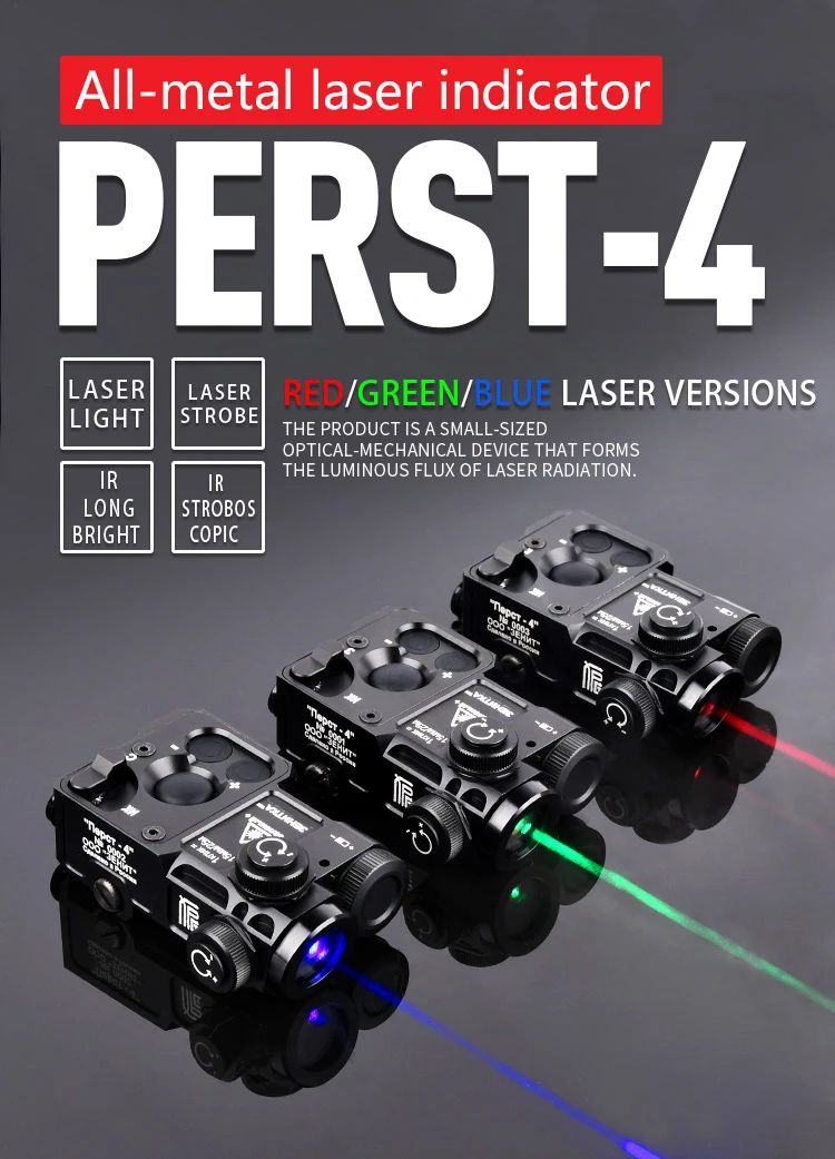 Mira Perst 4 táctica con láser tricolor y detalles