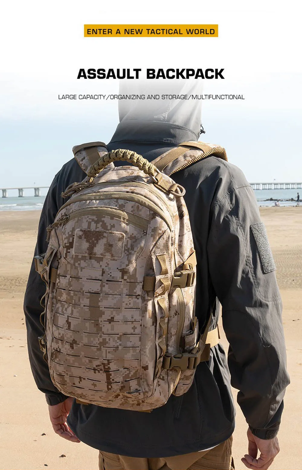 Detalle de la mochila táctica con sistema MOLLE