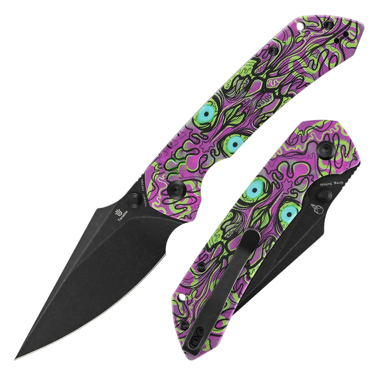 Vista del cuchillo plegable con hoja y mango morado