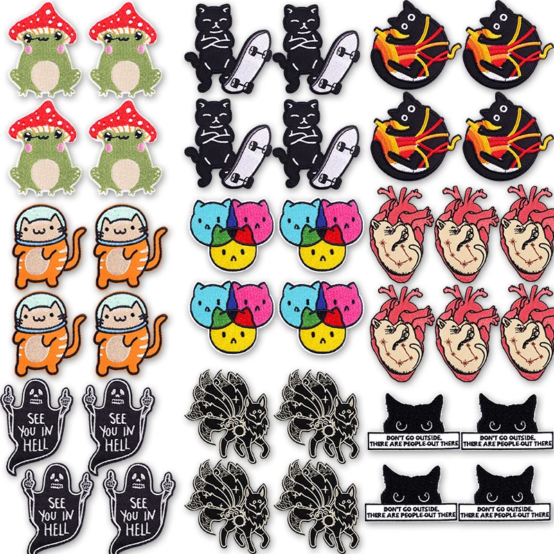 Parches bordados con diseño de gato y capa de fuego