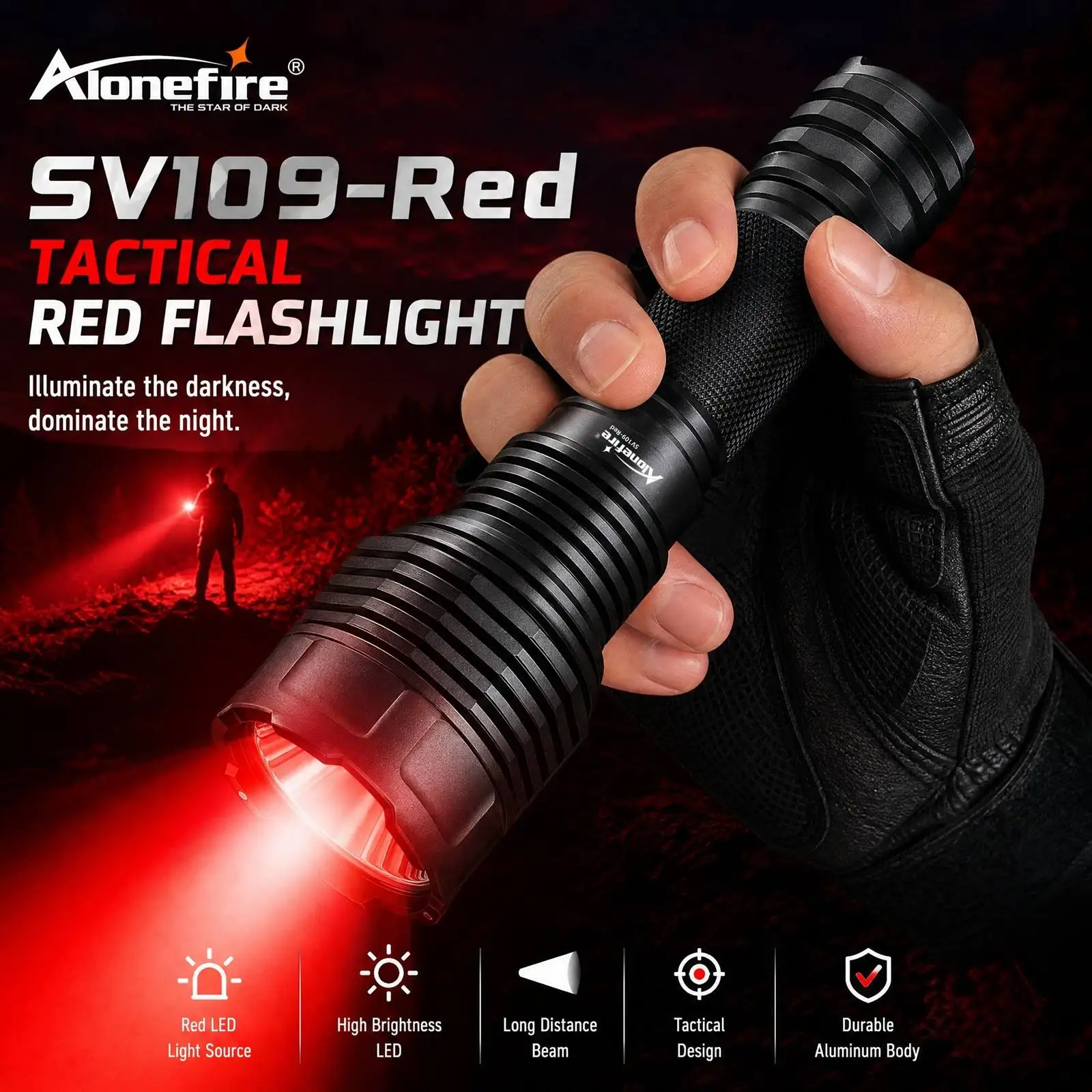 Alonefire linterna táctica LED de luz roja recargable aluminio - imagen 2