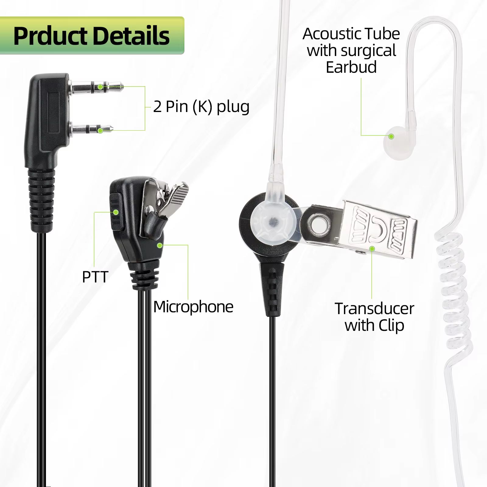 Auricular tubo acústico PTT Baofeng UV-5R para walkie con conector - imagen 5