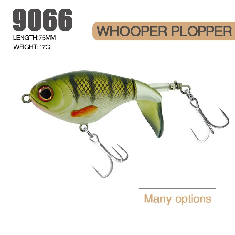 Vista frontal del señuelo Whopper Popper mostrando su forma y coloración