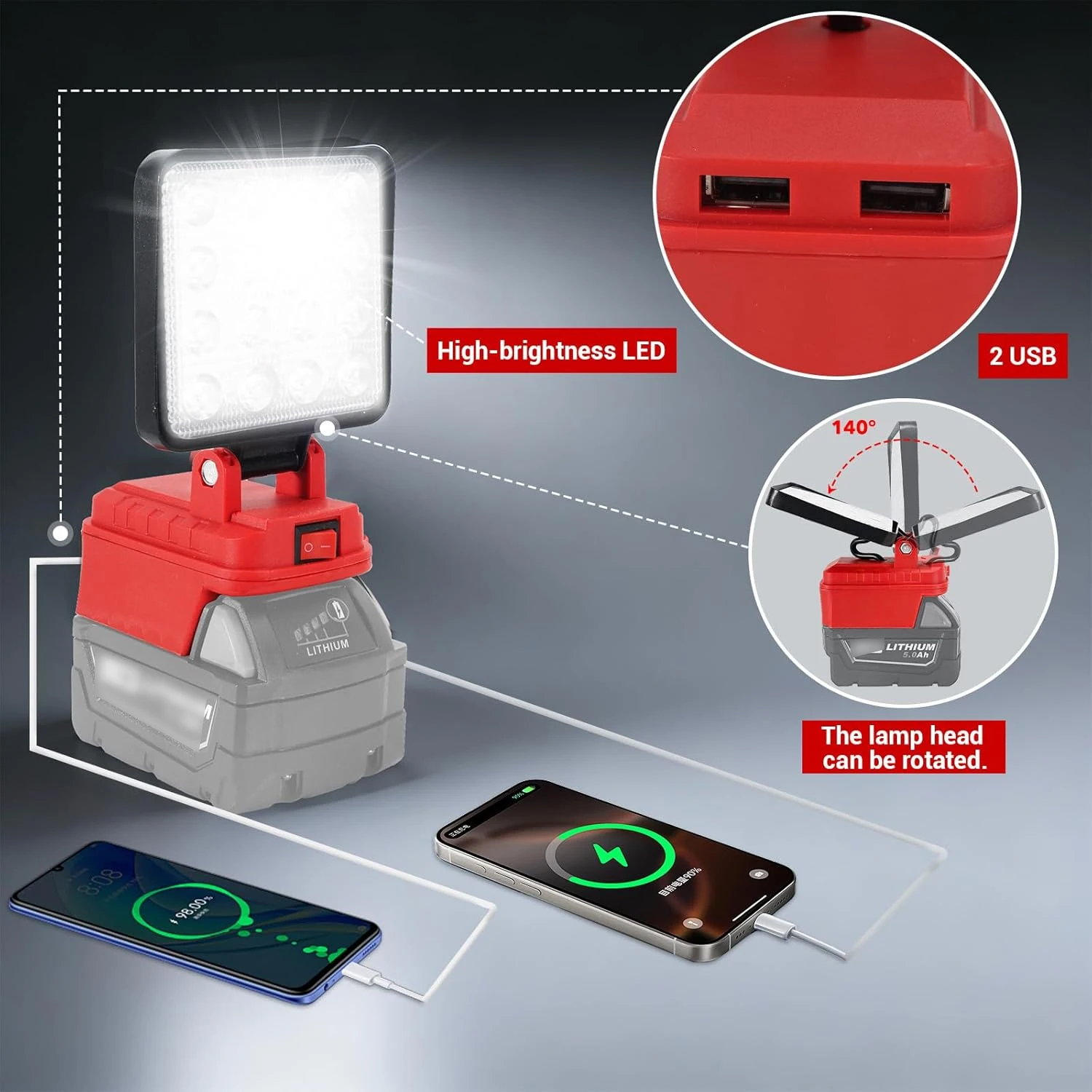 Lámpara de trabajo LED inalámbrica Milwaukee M18 con USB y emergencia - imagen 4