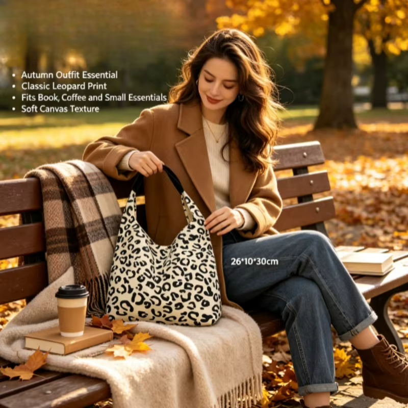Bolso de mano lona leopardo, gran capacidad elegante casual - imagen 2