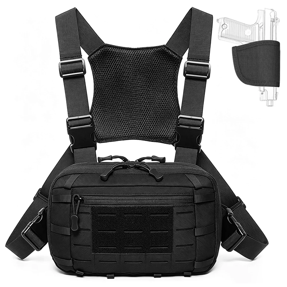 Bolsa táctica de pecho con sistema MOLLE y funda para pistola