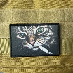Parche táctico impreso gato fumador con velcro para mochila DIY