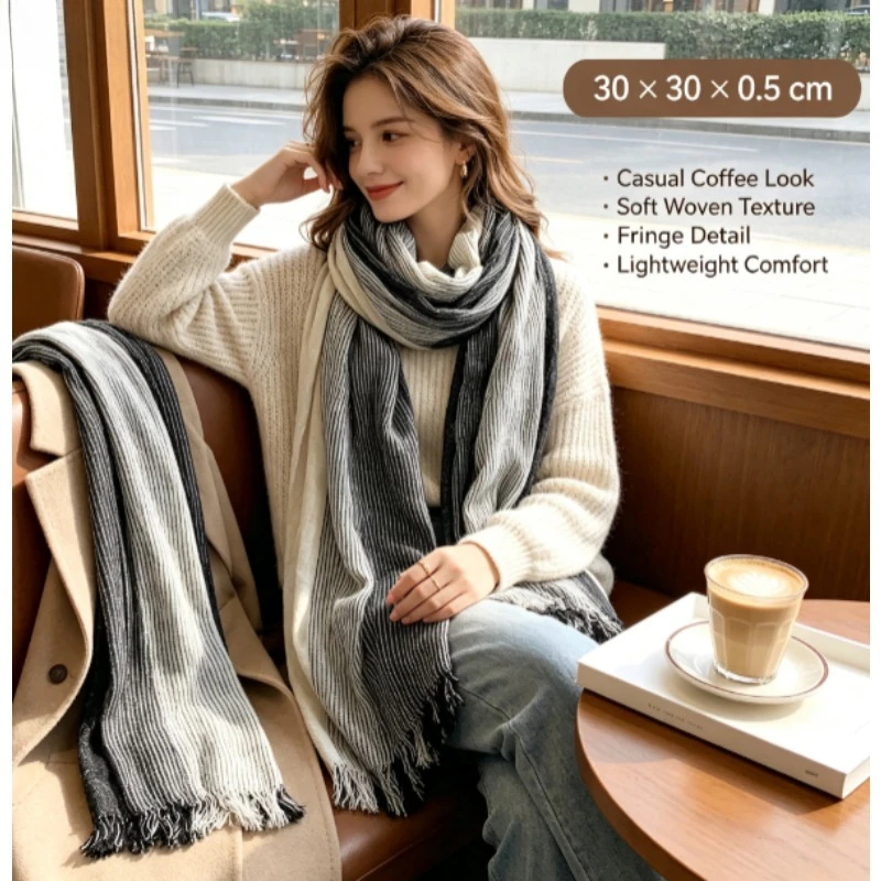 Bufanda a rayas de lino y algodón unisex para otoño e invierno - imagen 5
