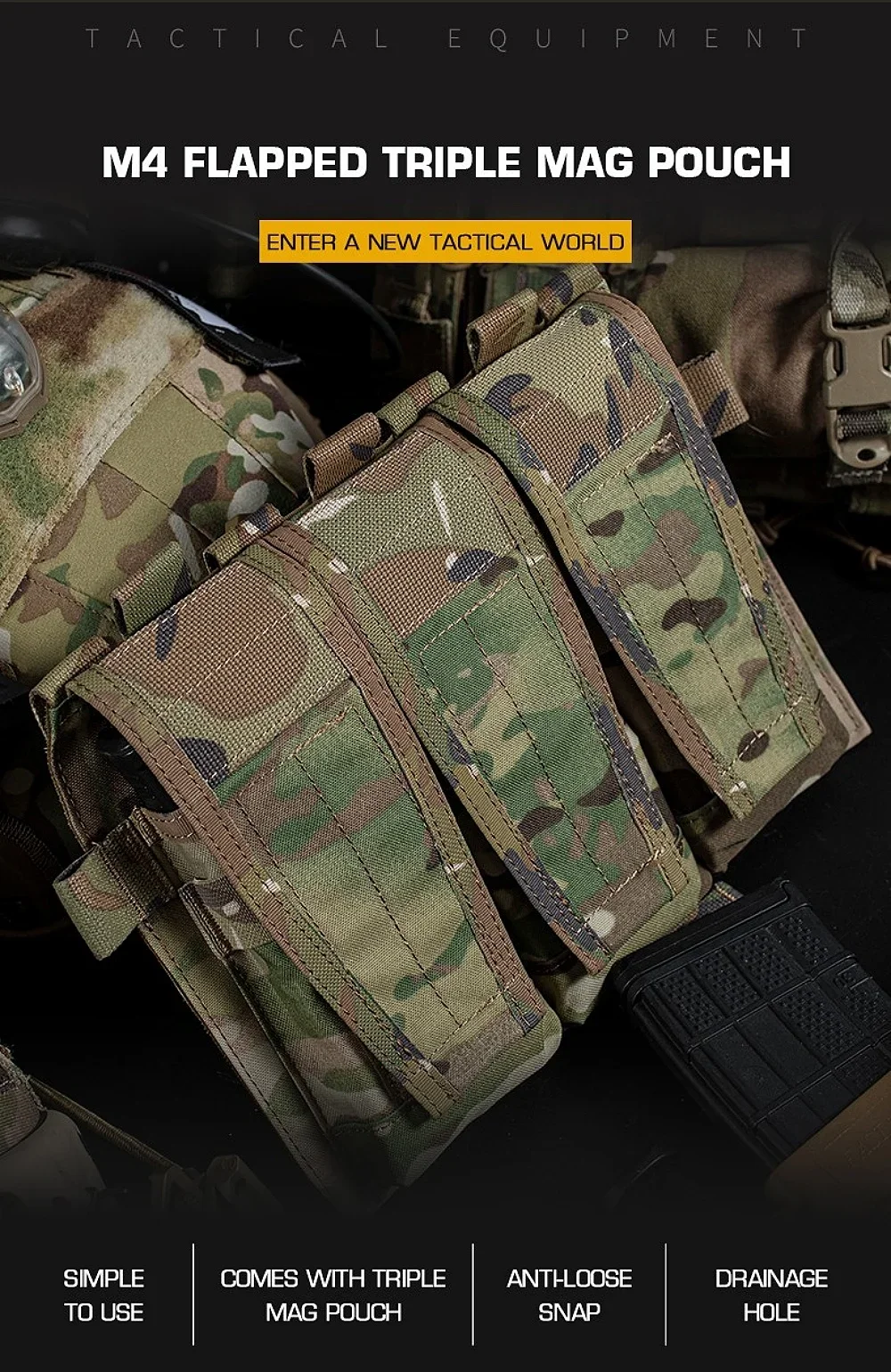 Vista frontal de la bolsa táctica triple para cargadores M4