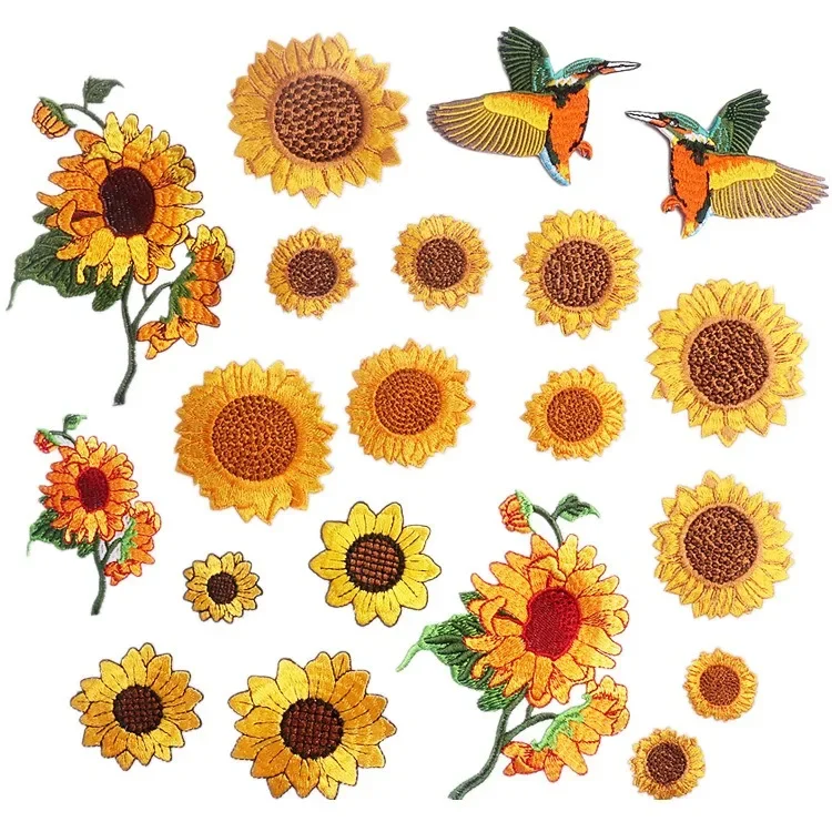 Parche para planchar girasol dorado bordado y colibrí volador