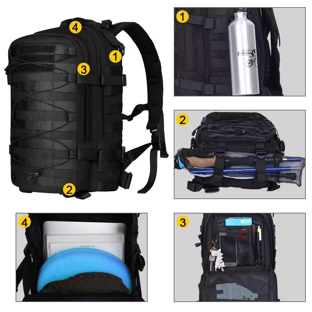 Interior de la mochila con compartimentos organizados