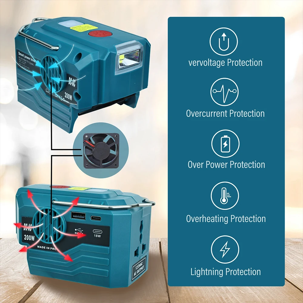 Inversor portátil 120-220V para exteriores Makita/DeWalt 18V/20V - imagen 5