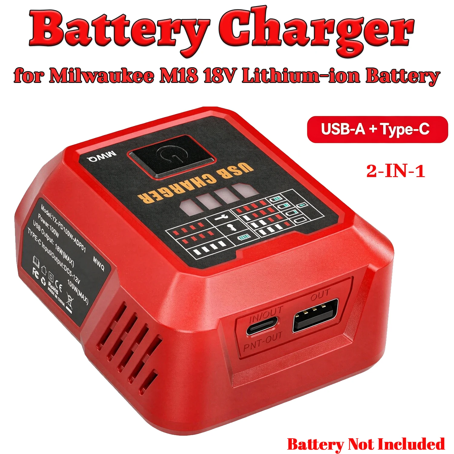 Cargador USB-C PD con pantalla para baterías Milwaukee M18 - imagen 3
