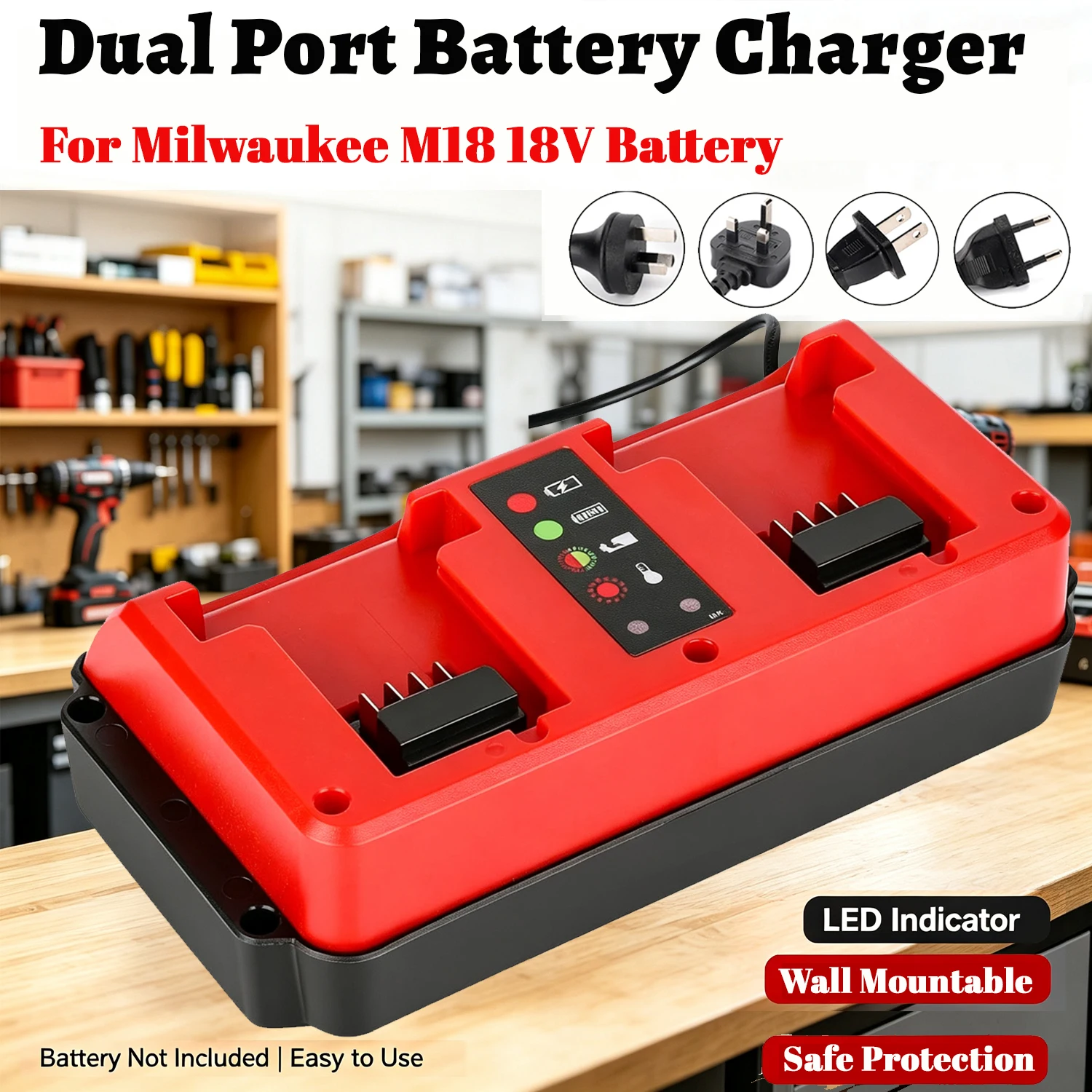 Cargador rápido doble puerto batería Milwaukee M18 – Carga inteligente LED pared - imagen 5
